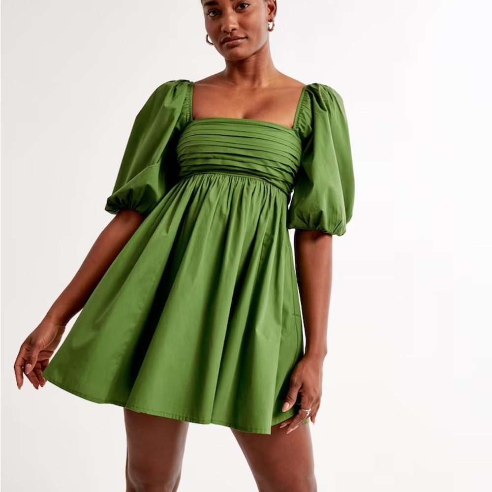 Emerson Poplin Puff Sleeve Mini Dress in Green